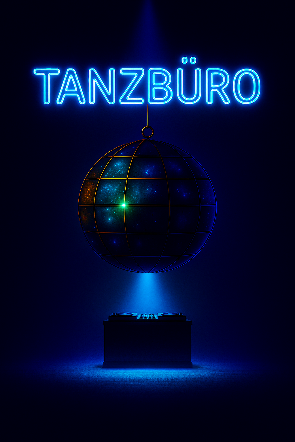 Neon-Schriftzug „Tanzbüro“ über einer Discokugel und einem DJ-Pult